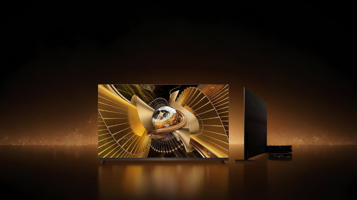A render of the TCL X11L TV against a computer generated dark background with golden flakes on the horizon