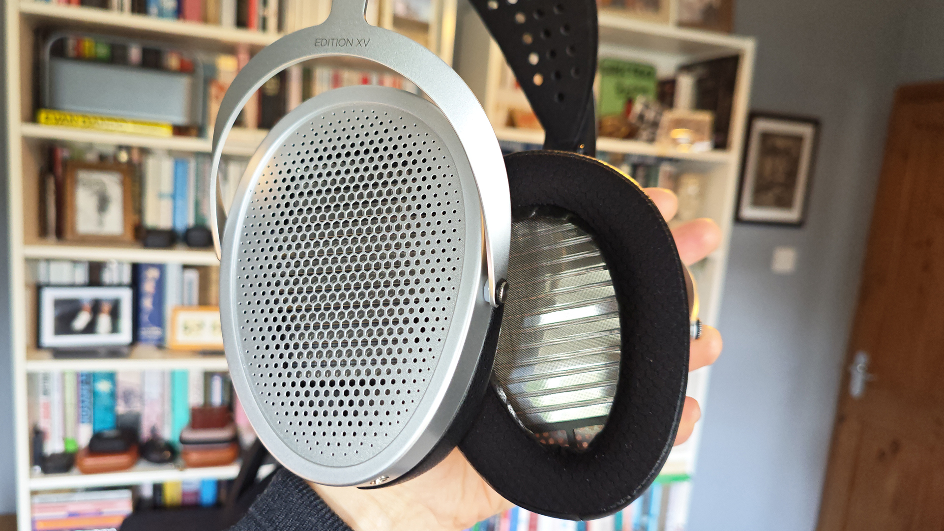 Various photos of the HiFiMan Edition XV headphone on a desktop table.