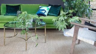sisal flooring in living room with green sofa