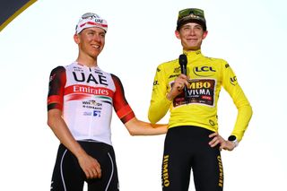 Tadej Pogačar and Jonas Vingegaard on the podium of the 2022 Tour de France