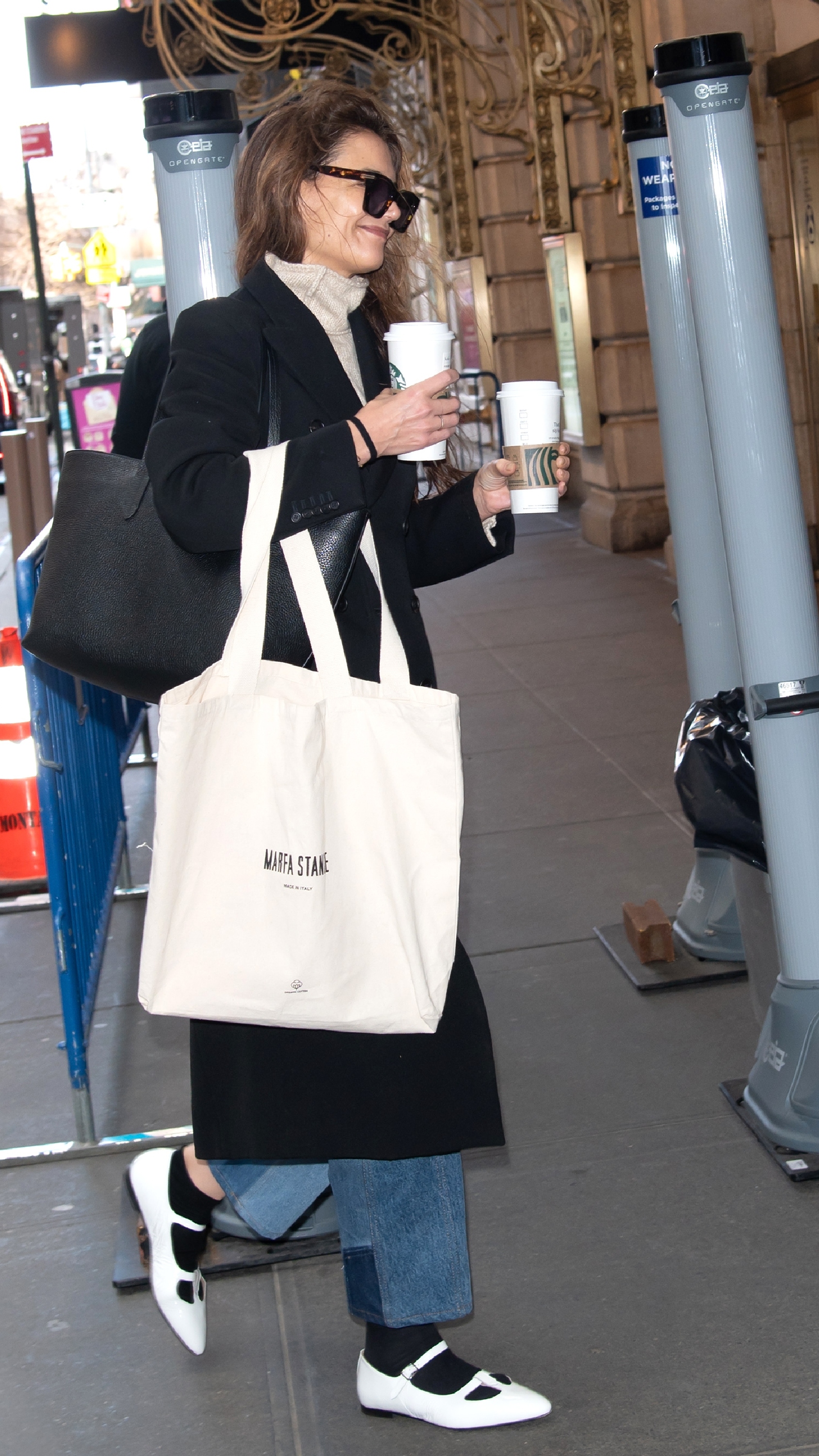 Katie Holmes is seen arriving for matinee performance of 'Our Town' on January 4, 2025 in New York, New York.