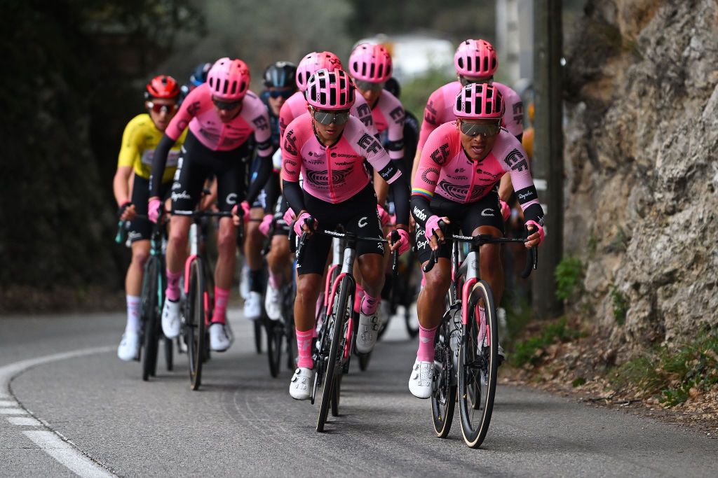 ANTIBES FRANCE FEBRUARY 18 LR Alexander Cepeda of Ecuador and Jonathan Caicedo of Ecuador and Team EF Education EasyPost lead the peloton during the 55th Tour Des Alpes Maritimes Et Du Var 2023 Stage 2 a 1794km stage from MandelieulaNapoule to Antibes tour0683 on February 18 2023 in Antibes France Photo by Luc ClaessenGetty Images