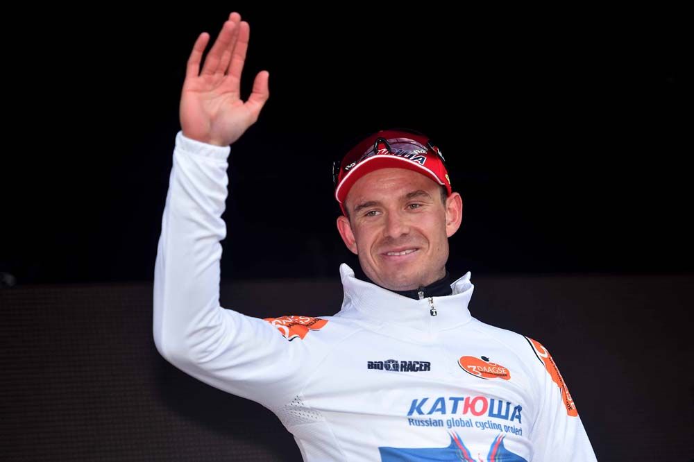 Alexander Kristoff (Katusha) pulls on the leader's jersey