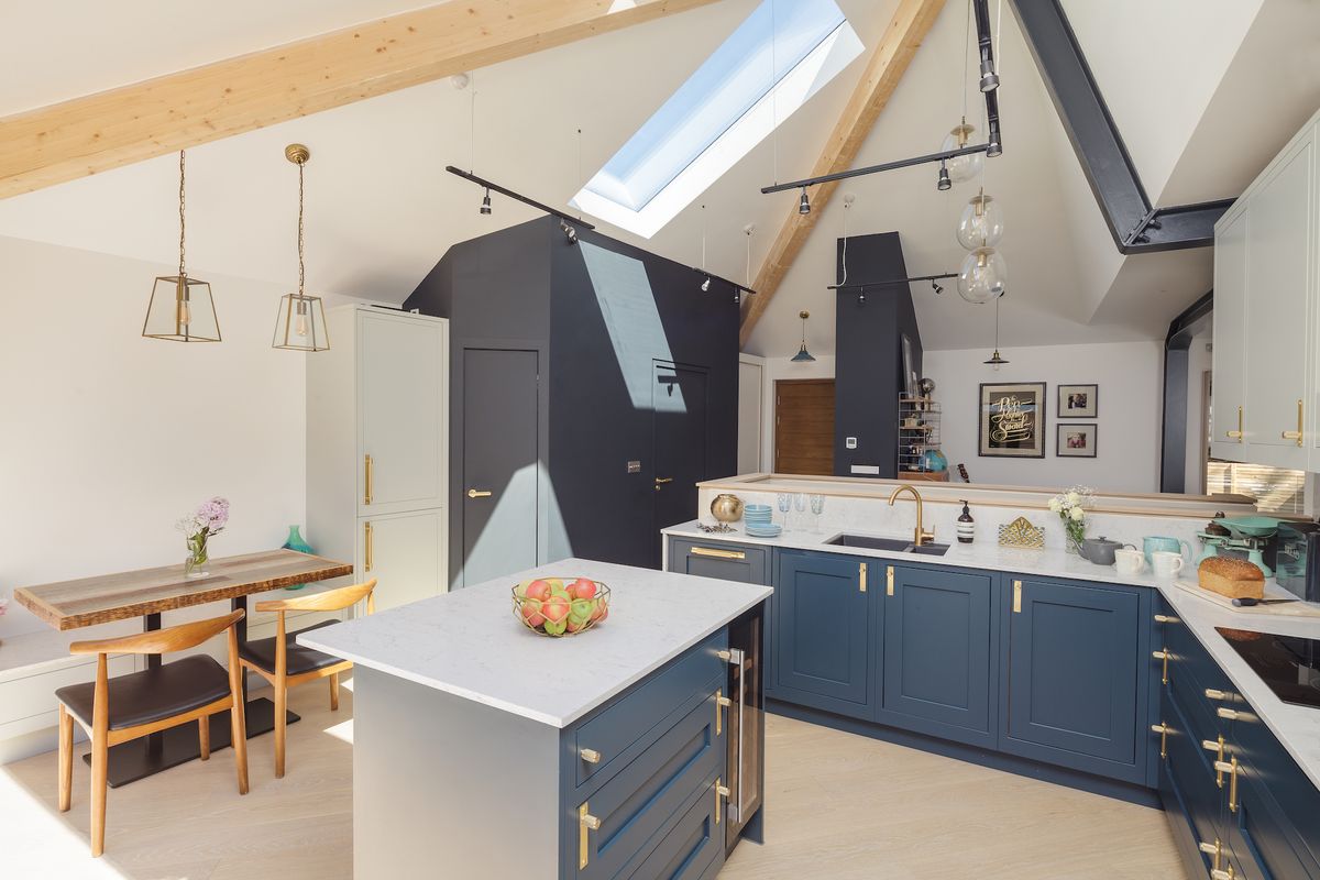 kitchen in self build with vaulted ceiling and dining area