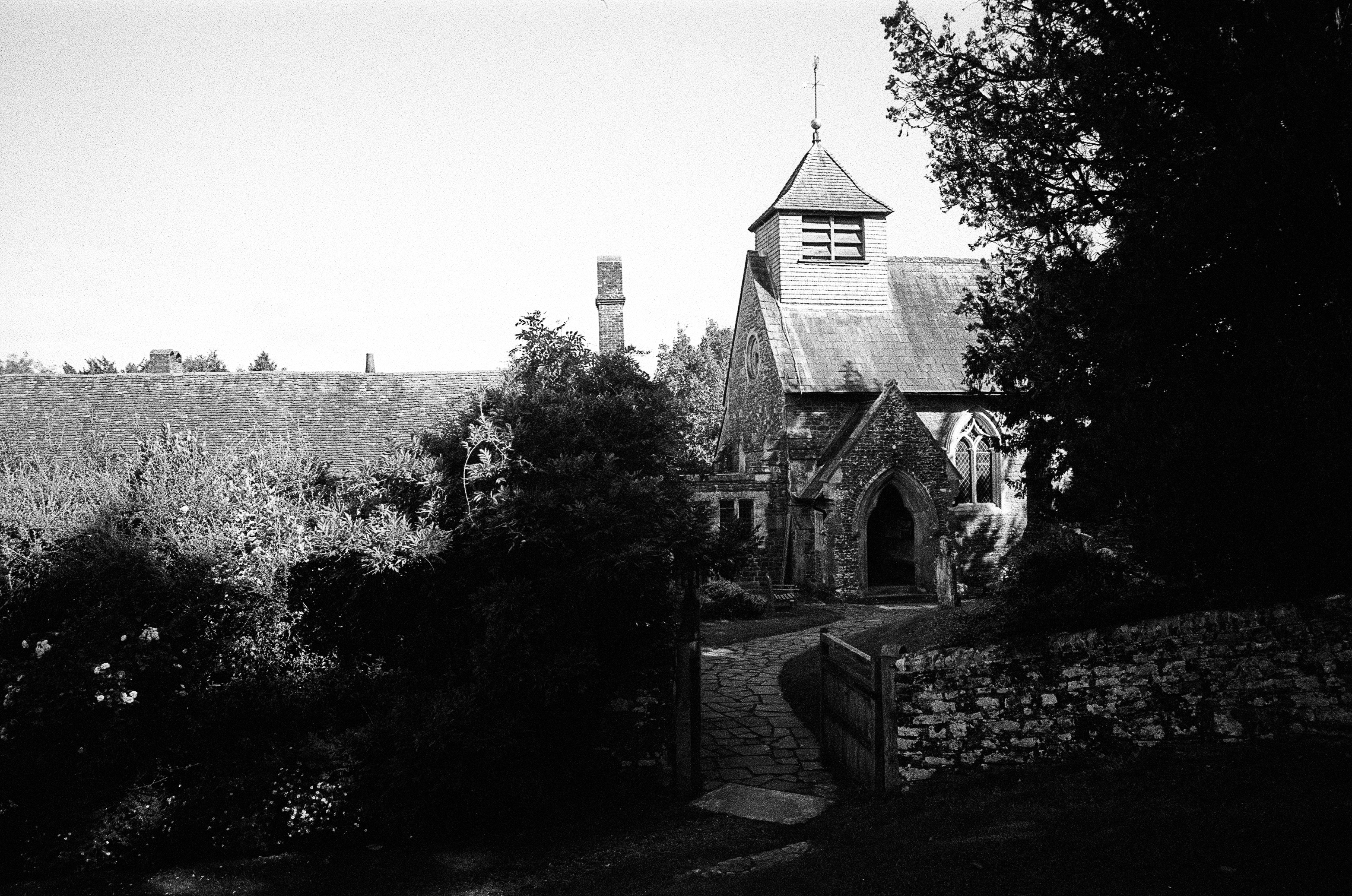 Leica MP black and white film scan of an old church exterior