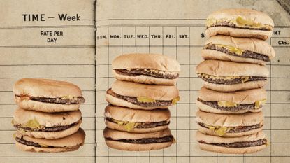 Photo collage of increasingly higher piles of burgers on top on a vintage calendar.