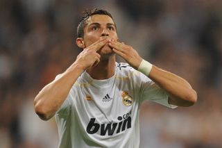 Cristiano Ronaldo celebrates after scoring for Real Madrid against Marseille in the Champions League in September 2009.