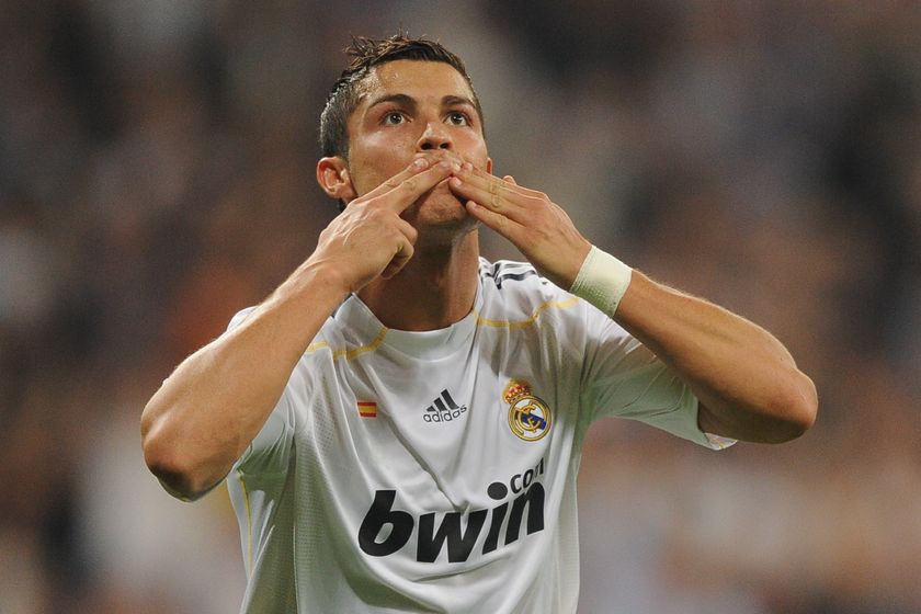 Cristiano Ronaldo celebrates after scoring for Real Madrid against Marseille in the Champions League in September 2009.