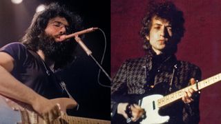 LEFT: Jerry Garcia, 1972, Copenhagen, Tivoli, Denmark RIGHT: Dylan plays a Fender Telecaster electric guitar as he performs on stage at the Westchester County Center on February 5, 1966 in White Plains, New York. 
