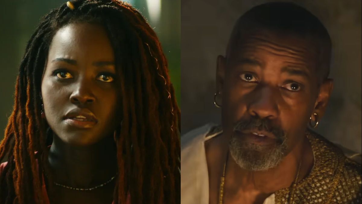 Lupita Nyong&#039;o stands with a look of concern as she&#039;s lit by fire in Black Panther: Wakanda Forever, pictured next to Denzel Washington looking pensive by firelight in Gladiator II.