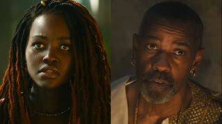 Lupita Nyong'o stands with a look of concern as she's lit by fire in Black Panther: Wakanda Forever, pictured next to Denzel Washington looking pensive by firelight in Gladiator II.