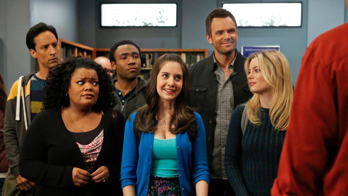 (L to R): Danny Pudi as Abed, Yvette Nicole Brown as Shirley, Donald Glover as Troy Barnes, Alison Brie as Annie Edison, Joel McHale as Jeff Winger and Gillian Jacobs as Britta Perry in a scene from Community