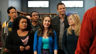 (L to R): Danny Pudi as Abed, Yvette Nicole Brown as Shirley, Donald Glover as Troy Barnes, Alison Brie as Annie Edison, Joel McHale as Jeff Winger and Gillian Jacobs as Britta Perry in a scene from Community