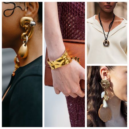 collage of women wearing jewelry trends like two-tone earrings, cuffs, cord necklaces, and seashell jewelry 