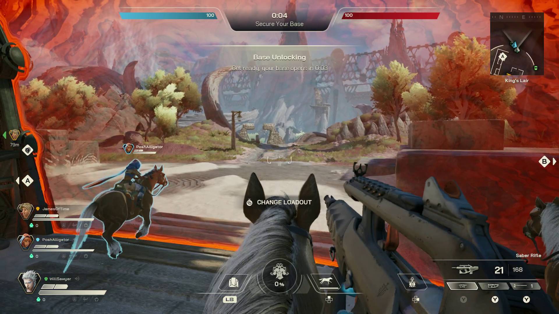 Highguard player and teammate on mounts at dome shield