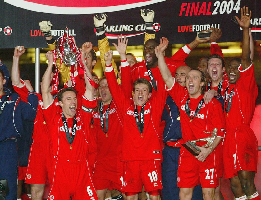 Middlesbrough players celebrate after beating Bolton to win the League Cup in 2004.