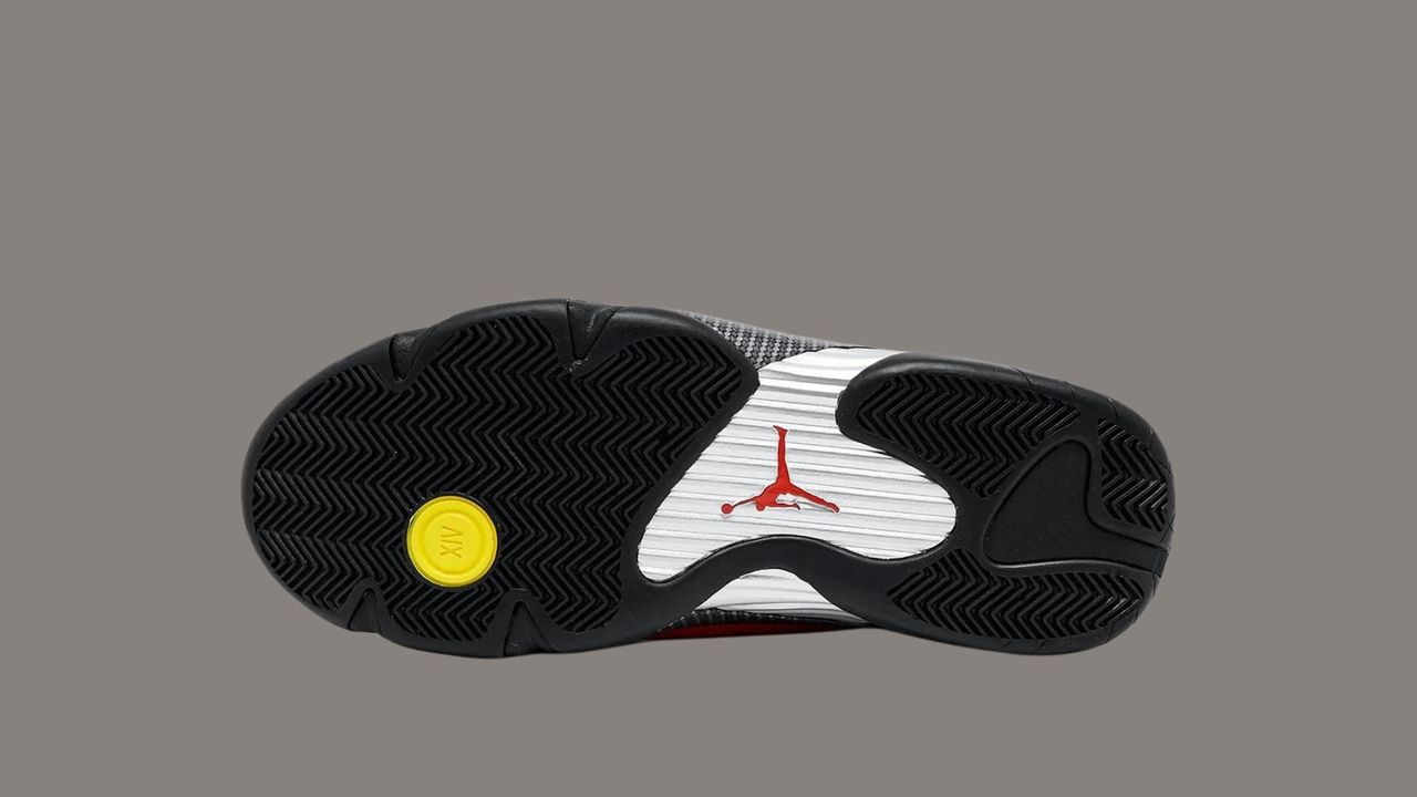 The 2025 edition of the Ferrari Air Jordan 14 from different angles, including a birdseye view and from behind