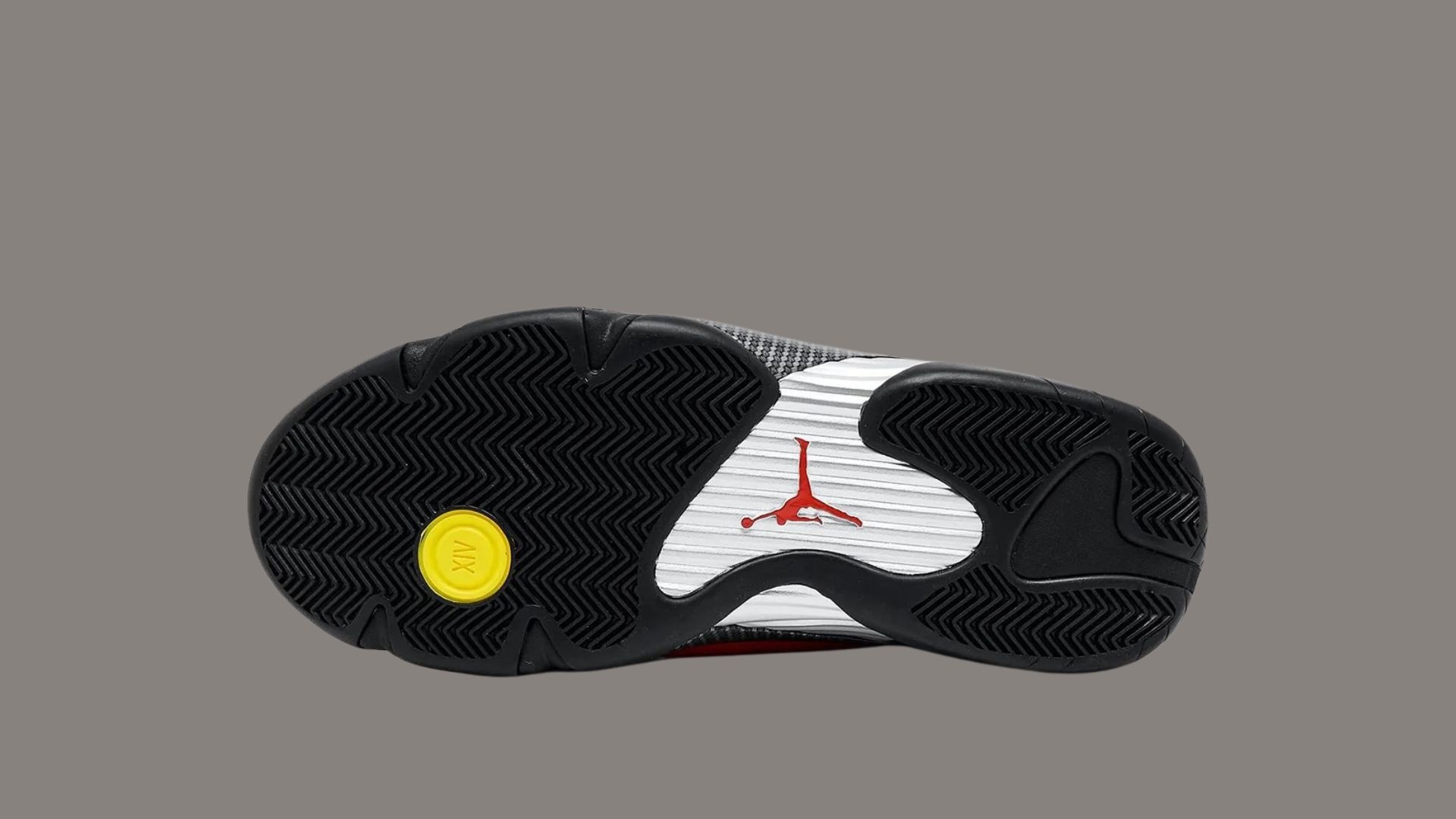 The 2025 edition of the Ferrari Air Jordan 14 from different angles, including a birdseye view and from behind