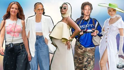 A collage of Katie Holmes, Jennifer Lopez, Hailey Bieber, Rihanna, and Julia Fox in unexpected fall celebrity trends.