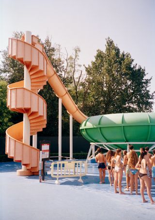 people waiting for the water slide