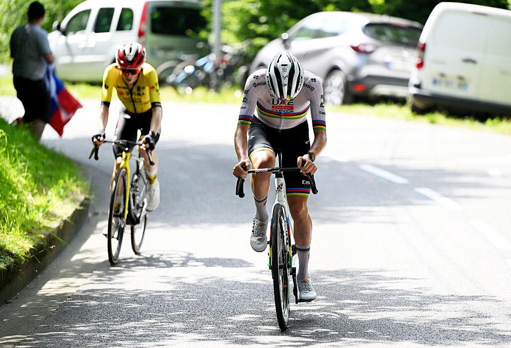 COMBLOUX, FRANCE - JUNE 13: (L-R) Jonas Vingegaard of Denmark and Team Visma | Lease a Bike and Tadej Pogacar of Slovenia and UAE Team Emirates - XRG compete in the breakaway during the 77th Criterium du Dauphine 2025, Stage 6 a 126.7km stage from Valserhone to Combloux 1183m / #UCIWT / on June 13, 2025 in Combloux, France. (Photo by Dario Belingheri/Getty Images)