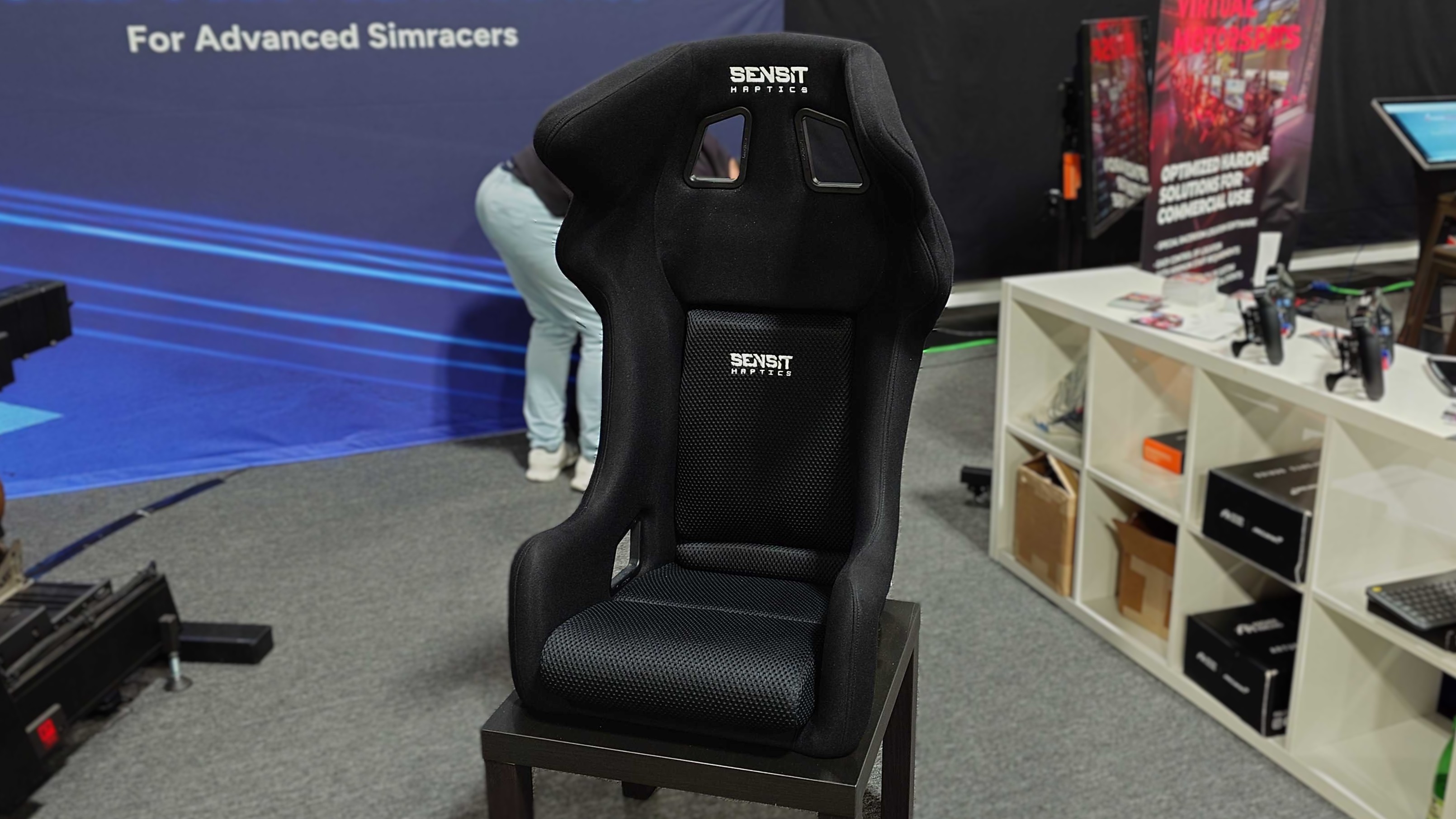 A photo of the Sensit MTC-P Extreme haptic seat for sim racing.