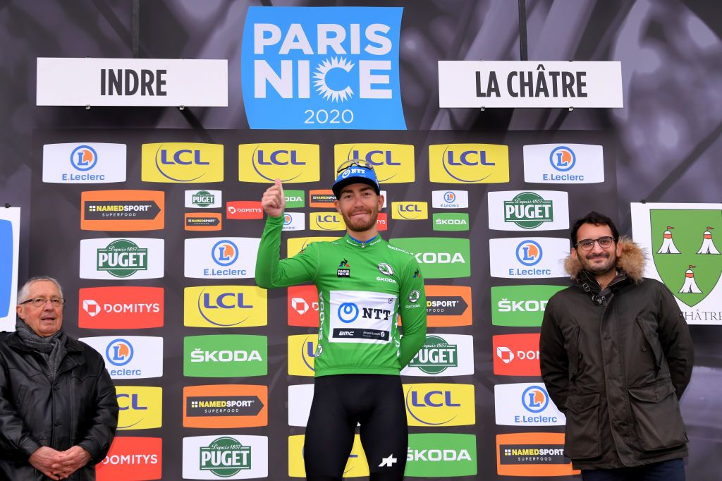 LA CHATRE FRANCE MARCH 10 Podium Giacomo Nizzolo of Italy and NTT Pro Cycling Team Green Sprint Jersey Celebration during the 78th Paris Nice 2020 Stage 3 a 2125km stage from ChalettesurLoing to La Chtre ParisNice parisnicecourse PN on March 10 2020 in La Chatre France Photo by Luc ClaessenGetty Images