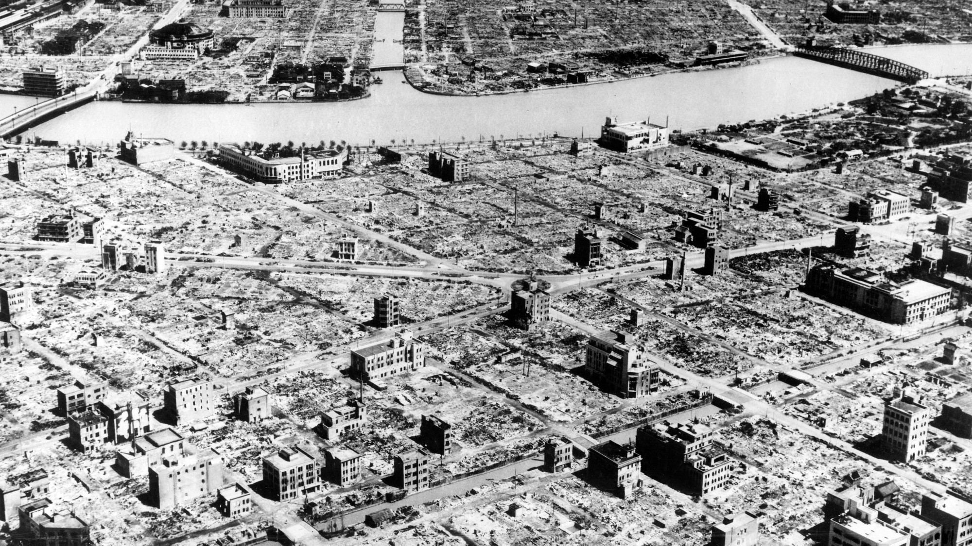 Aerial view of destruction in Tokyo after the incendiary bombing March 9 1945
