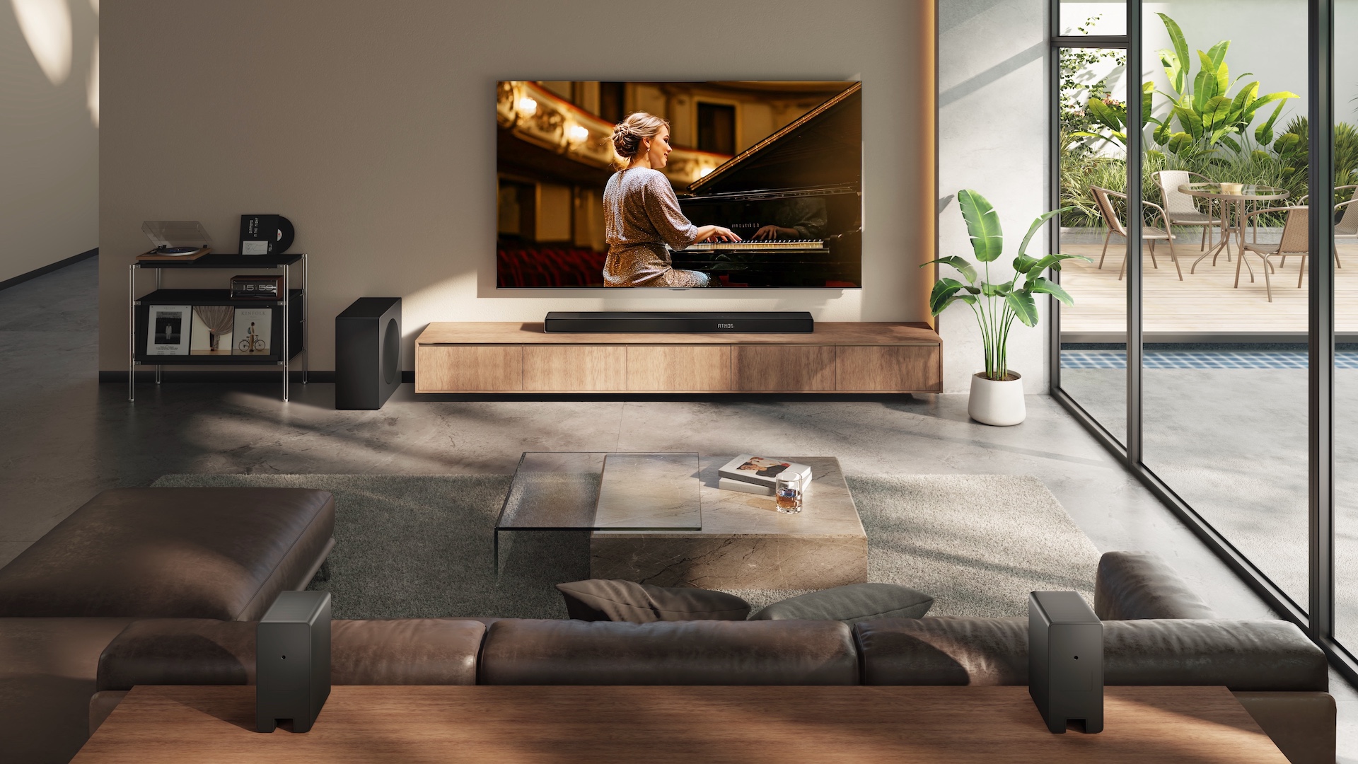 A Hisense AX5140Q soundbar beneath a wall-mounted TV in a modern, airy lounge.
