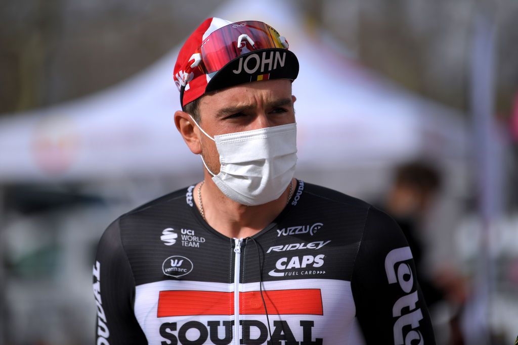 BELLEGARDE FRANCE FEBRUARY 03 Start John Degenkolb of Germany and Team Lotto Soudal during the 51st toile de Bessges Tour du Gard 2021 Stage 1 a 14355km stage from Bellegarde to Bellegarde 57m Mask Covid Safety Measures EDB2020 on February 03 2021 in Bellegarde France Photo by Luc ClaessenGetty Images