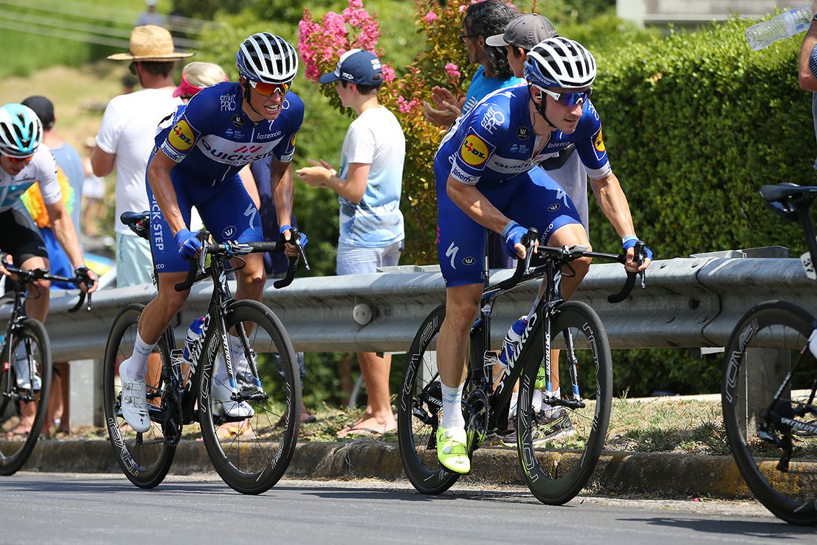 Elia Viviani looks in control as the road pitches uphill