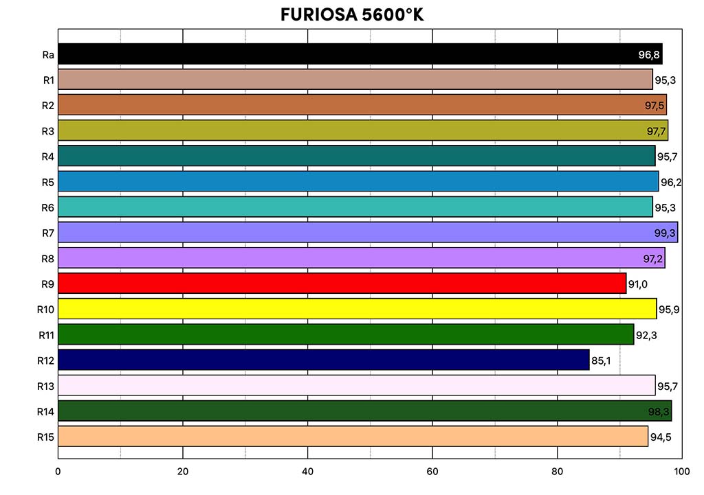 Extended CRI reading tracks 16 different chips for color accuracy, where 100 is perfect. This example (the Furiosa bicolor light by Maxima) scores extremely well.