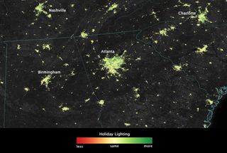 Image, created using data from the NOAA-NASA Suomi NPP satellite, showing how lights in Atlanta and other parts of the American South shine more brightly in December than they do during the rest of the year.