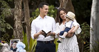 It's a joyous occasion for Jack Callahan and Paige Smith at Gabe's naming ceremony in Neighbours.