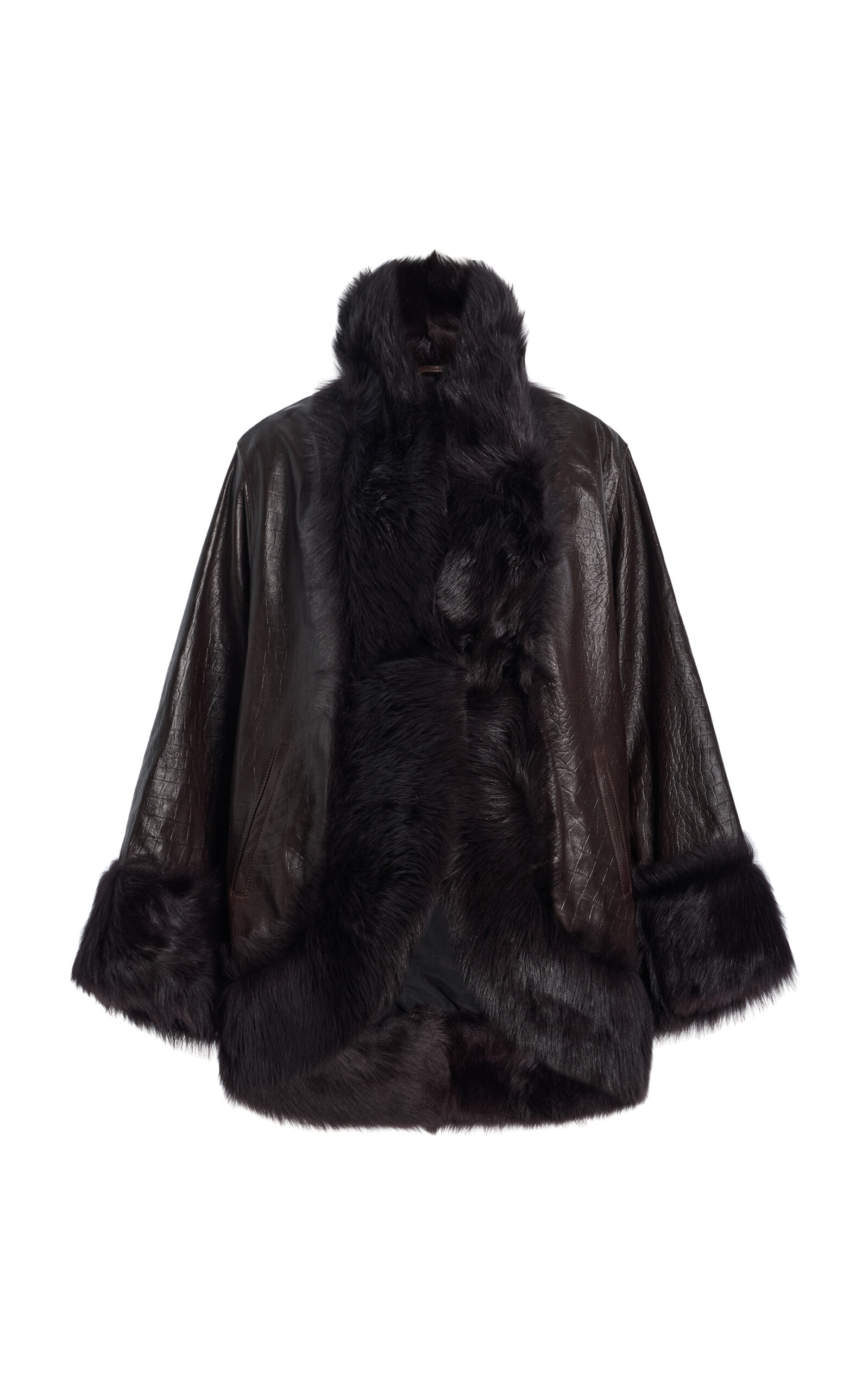 Sabine Shearling-Trimmed Croc-Effect Leather Coat
