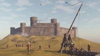 A 3D reconstruction of a trebuchet launching a missile at a castle.