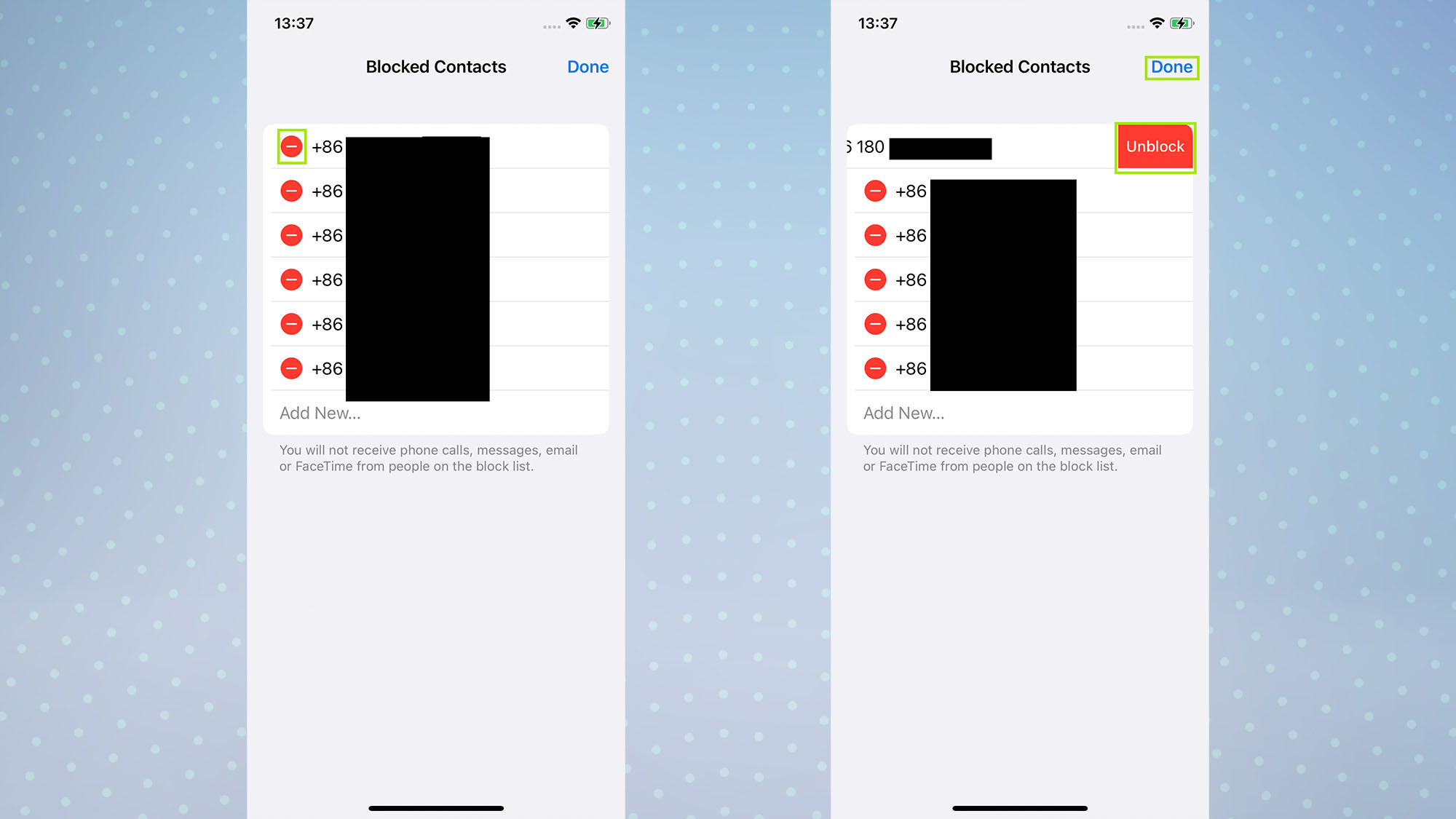 A screenshot of an iPhone screen showing a list of blocked contacts being edited