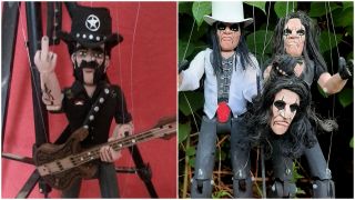 Hand carved marionettes of Lemmy and Alice Cooper
