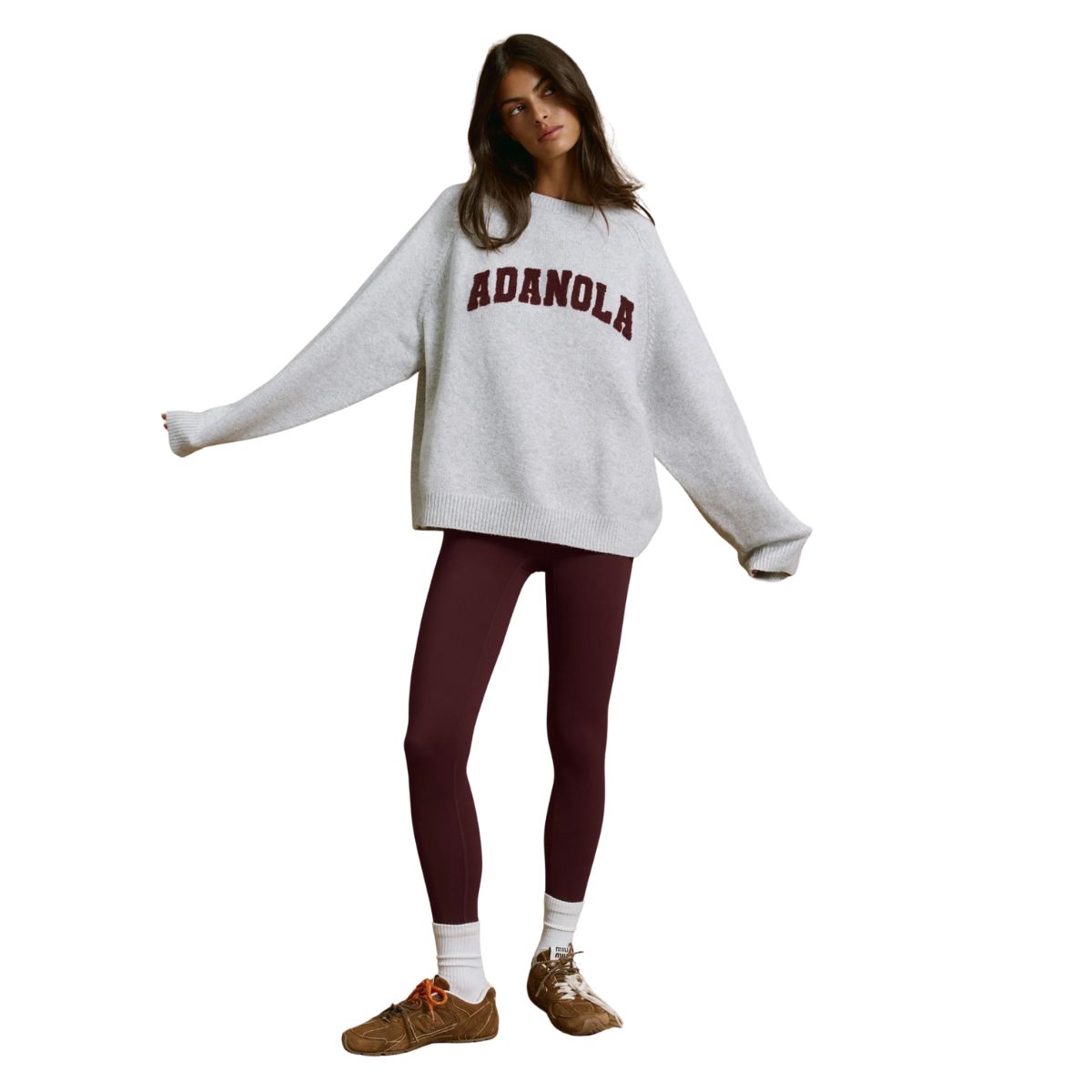 Varsity Boucle Oversized Knit Sweatshirt - Light Grey Melange/burgundy