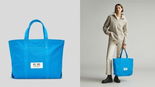 composite of model holding Everlane The Organic Canvas Weekender and flat lay image