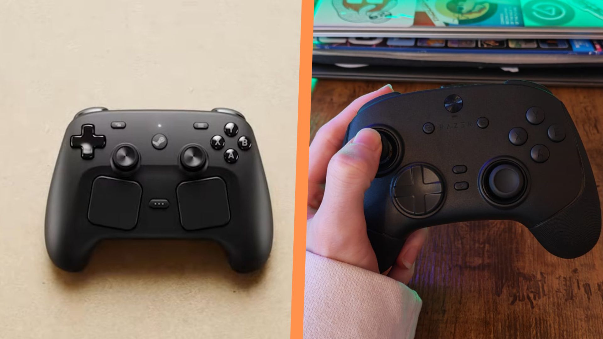 A side by side of the Steam Controller with the Razer Wolverine V3 Pro 8K 