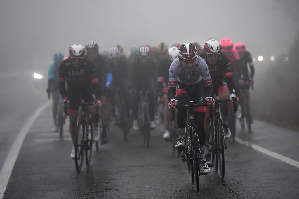 PUEBLA DE SANABRIA SPAIN NOVEMBER 05 Davide Formolo of Italy and UAE Team Emirates Peloton Fog during the 75th Tour of Spain 2020 Stage 15 a 2308km stage from Mos to Puebla de Sanabria 924m lavuelta LaVuelta20 La Vuelta on November 05 2020 in Puebla de Sanabria Spain Photo by Justin SetterfieldGetty Images