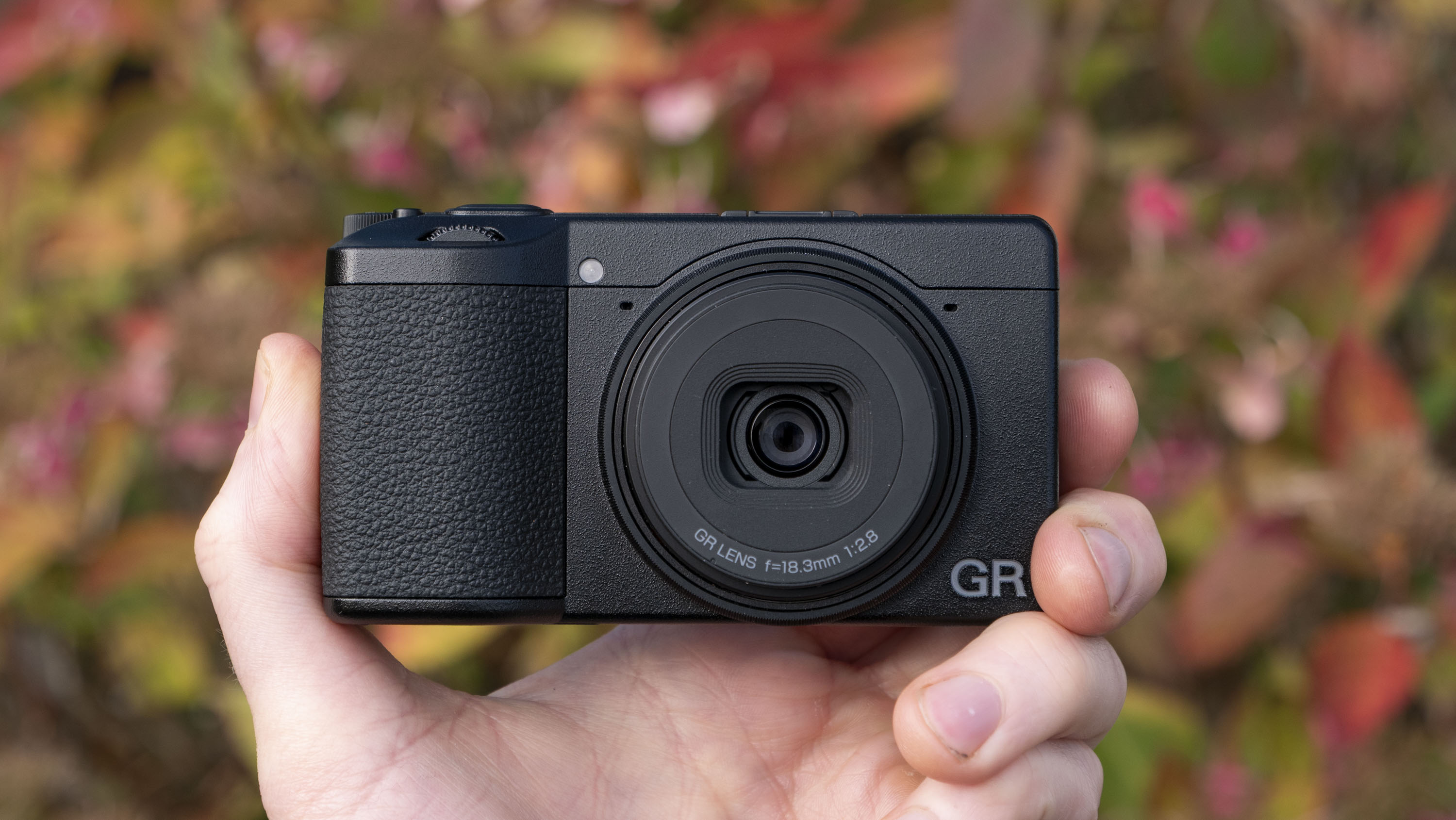 Ricoh GR IV compact camera in user's hand, flowers behind