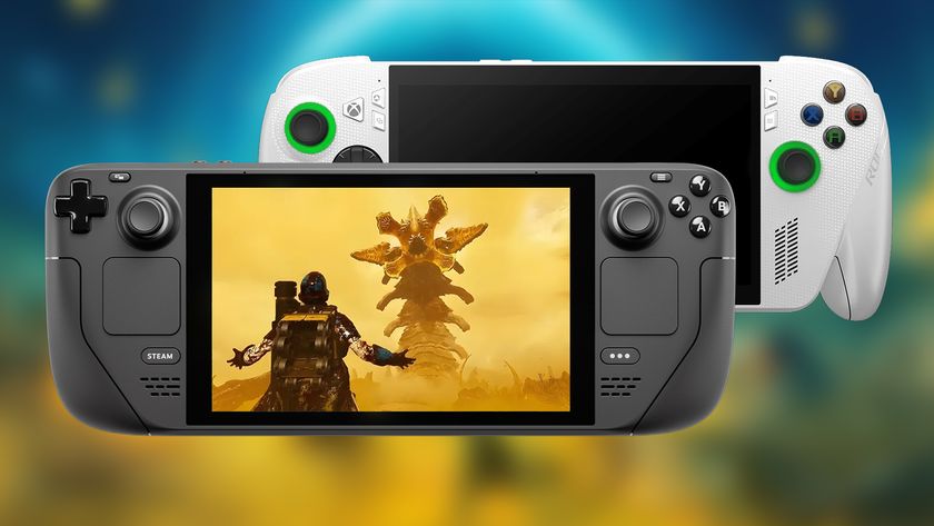 Helldivers 2 displaying on a Steam Deck with a ROG Ally behind it. 