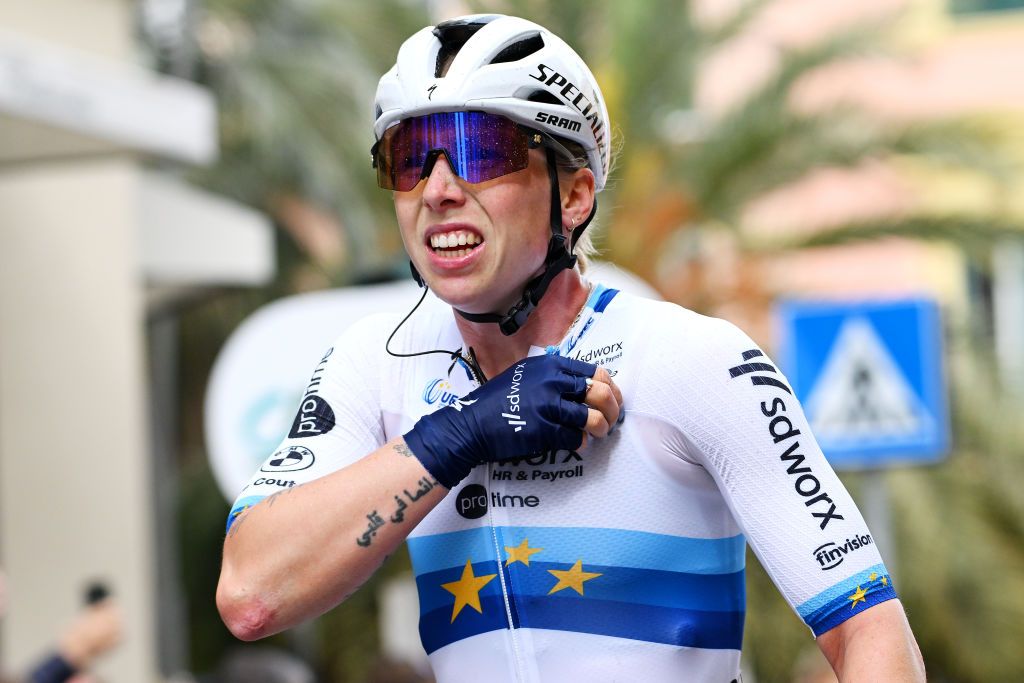 SANREMO ITALY MARCH 22 Lorena Wiebes of Netherlands and Team SD Worx Protime celebrates at finish line as race winner during the 1st Sanremo Women 2025 a 156km one day race from Genova to Sanremo UCIWWT on March 22 2025 in Sanremo Italy Photo by Tim de WaeleGetty Images