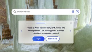 De Microsoft Bing-zoekmachine met een voorbeeldvraag voor de chatbot