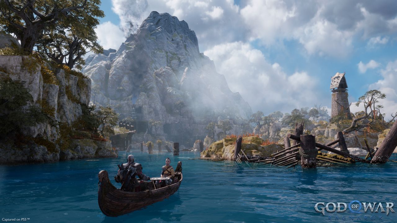 Kratos and Atreus in viking boat in God of War Ragnarok