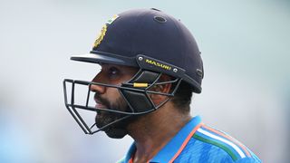 Side profile of Rohit Sharma of India wearing his cricket helmet ahead of the India vs Sri Lanka Cricket World Cup live stream. 