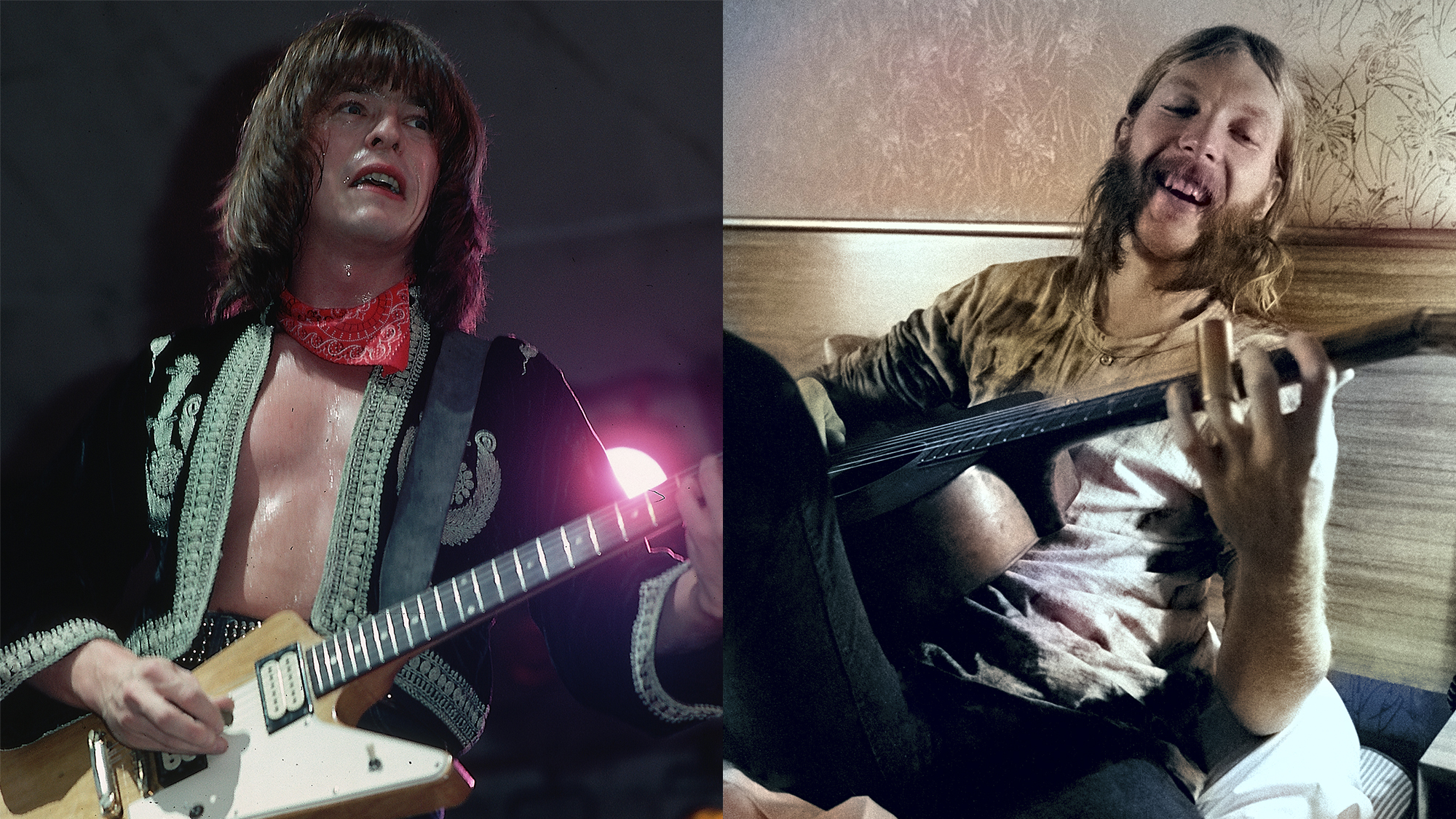 LEFT: Rick Derringer on stage performing in 1976. RIGHT: Duane Allman uses a steel slide on an acoustic guitar in his hotel room before the Allman Brothers' performance at the Sitar on October 17, 1970 in Spartanburg, South Carolina.