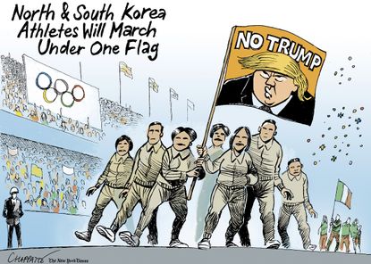 Political cartoon U.S. Olympics North South Korea unity anti-Trump
